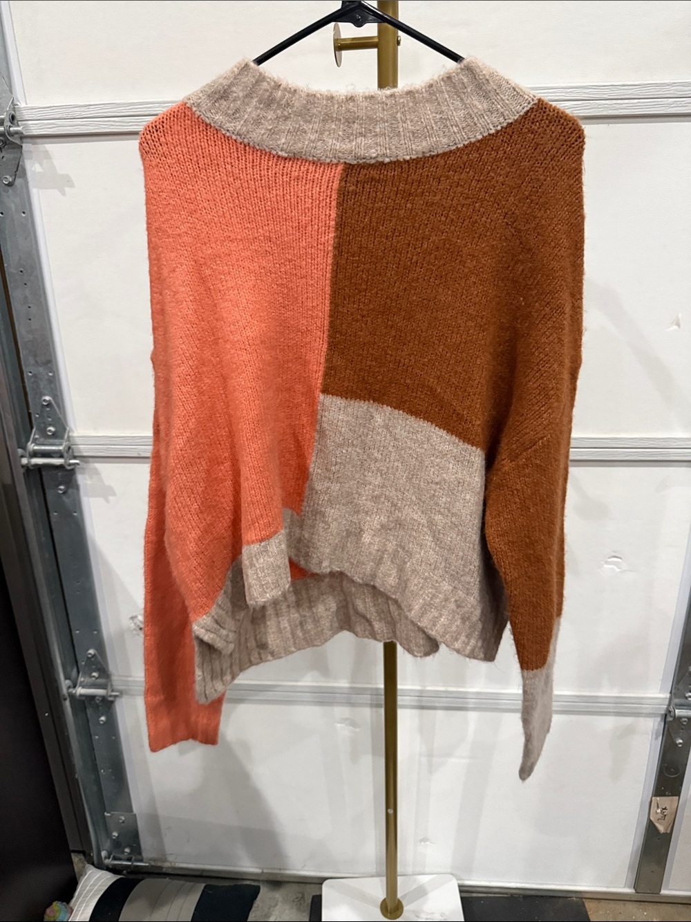 Olivaceous Patchwork Turtleneck Sweater - Coral, Brown & Cream